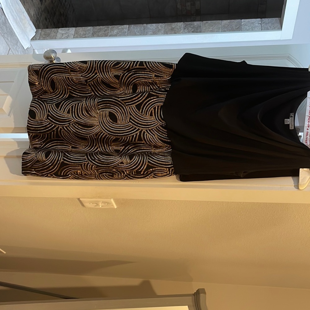 Black cocktail dress with gold metallic sequin bottom